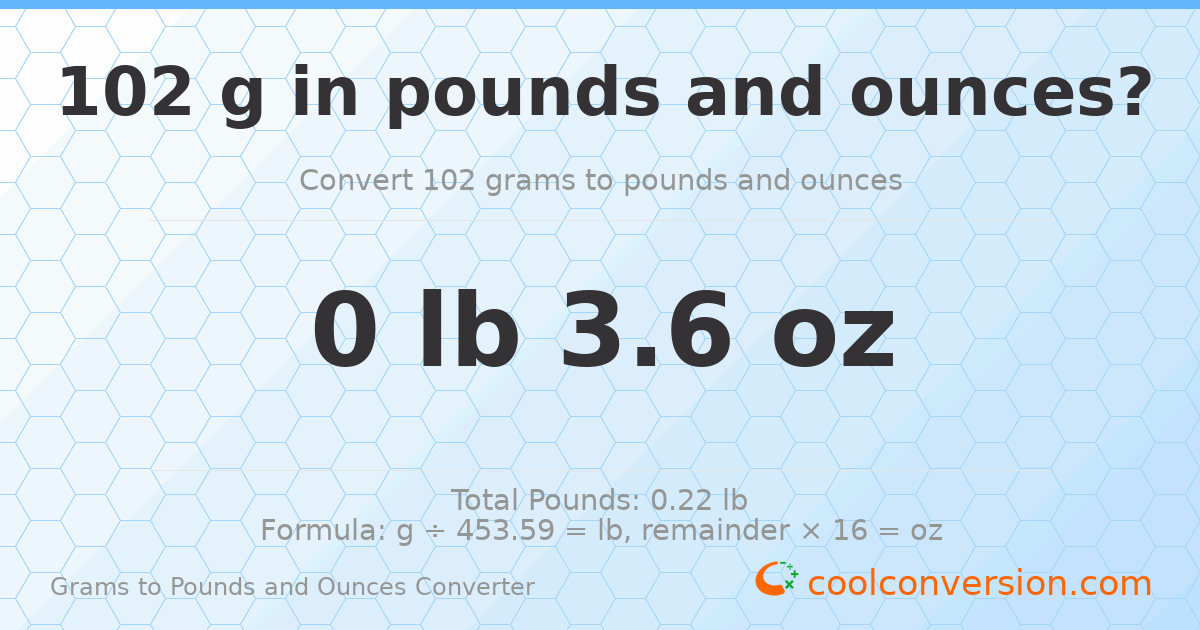 102 g to lb and oz — 102 g = 0 lb 3.6 oz