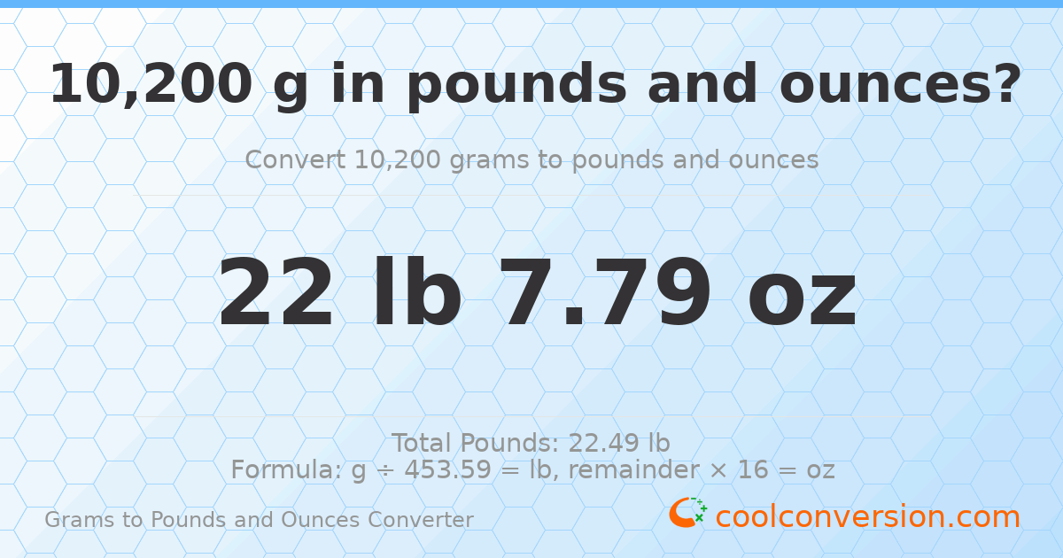 10200 g to lb and oz — 10200 g = 22 lb 7.79 oz