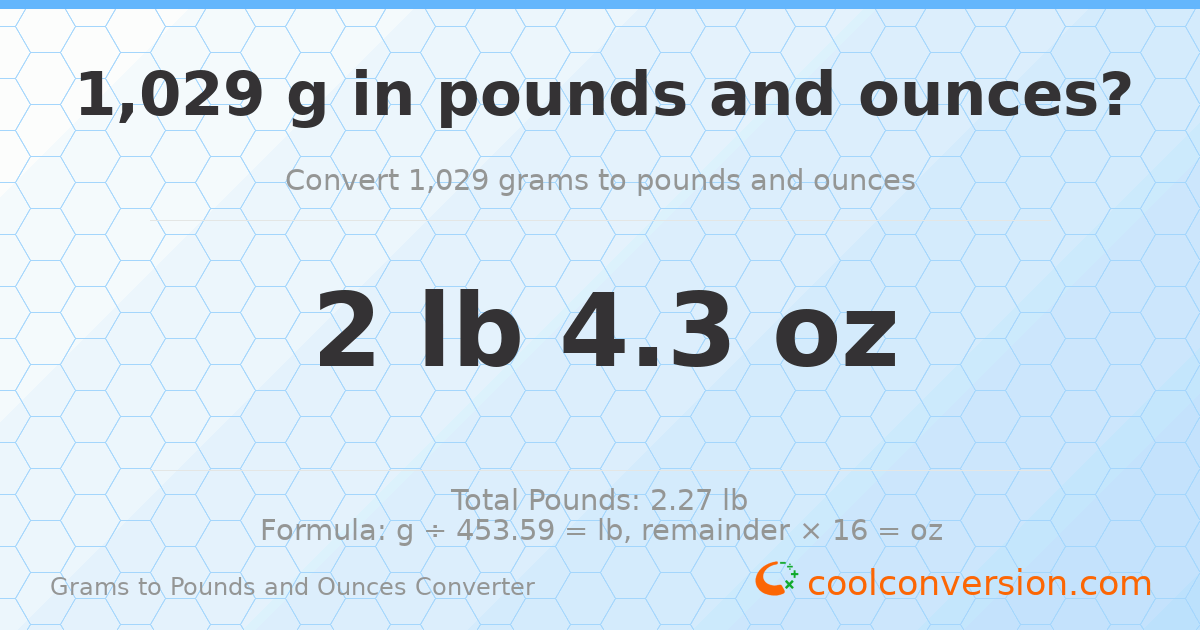 1029 g to lb and oz — 1029 g = 2 lb 4.3 oz
