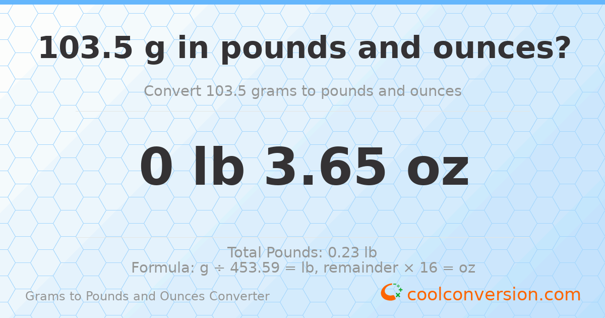 103.5 g to lb and oz — 103.5 g = 0 lb 3.65 oz