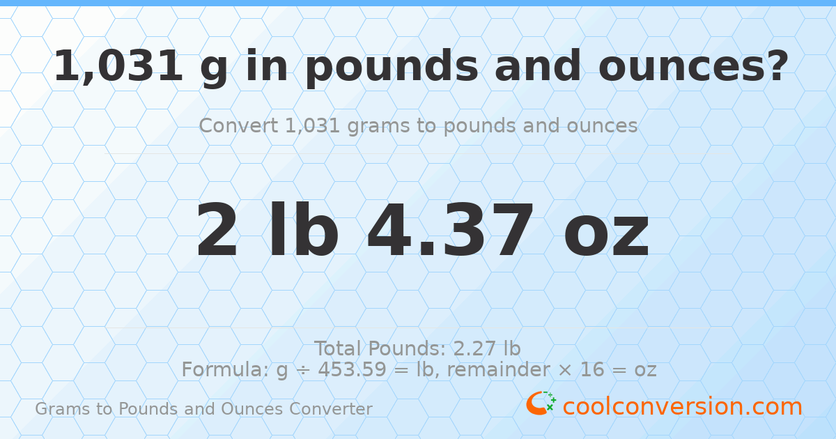 1031 g to lb and oz — 1031 g = 2 lb 4.37 oz