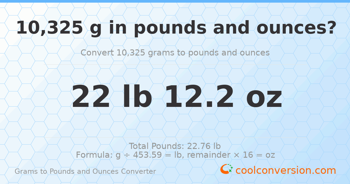10325 g to lb and oz — 10325 g = 22 lb 12.2 oz