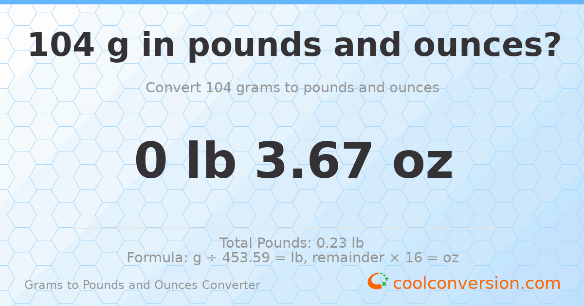104 g to lb and oz — 104 g = 0 lb 3.67 oz