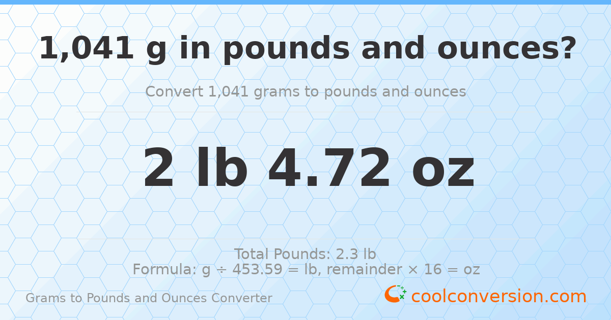 1041 g to lb and oz — 1041 g = 2 lb 4.72 oz