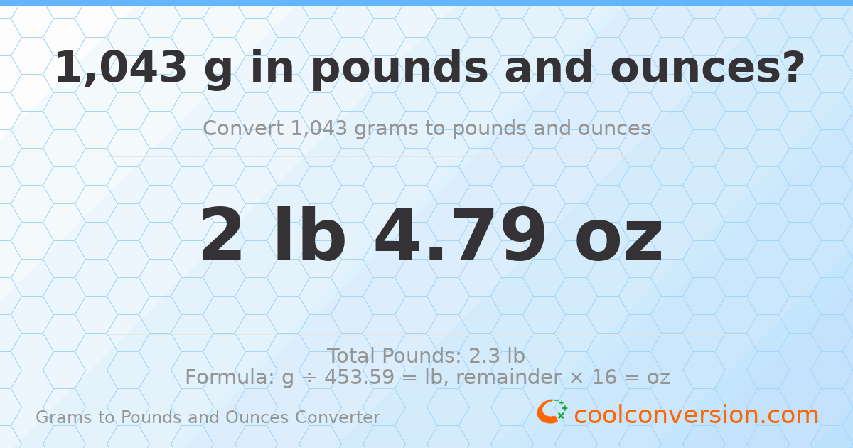 1043 g to lb and oz — 1043 g = 2 lb 4.79 oz