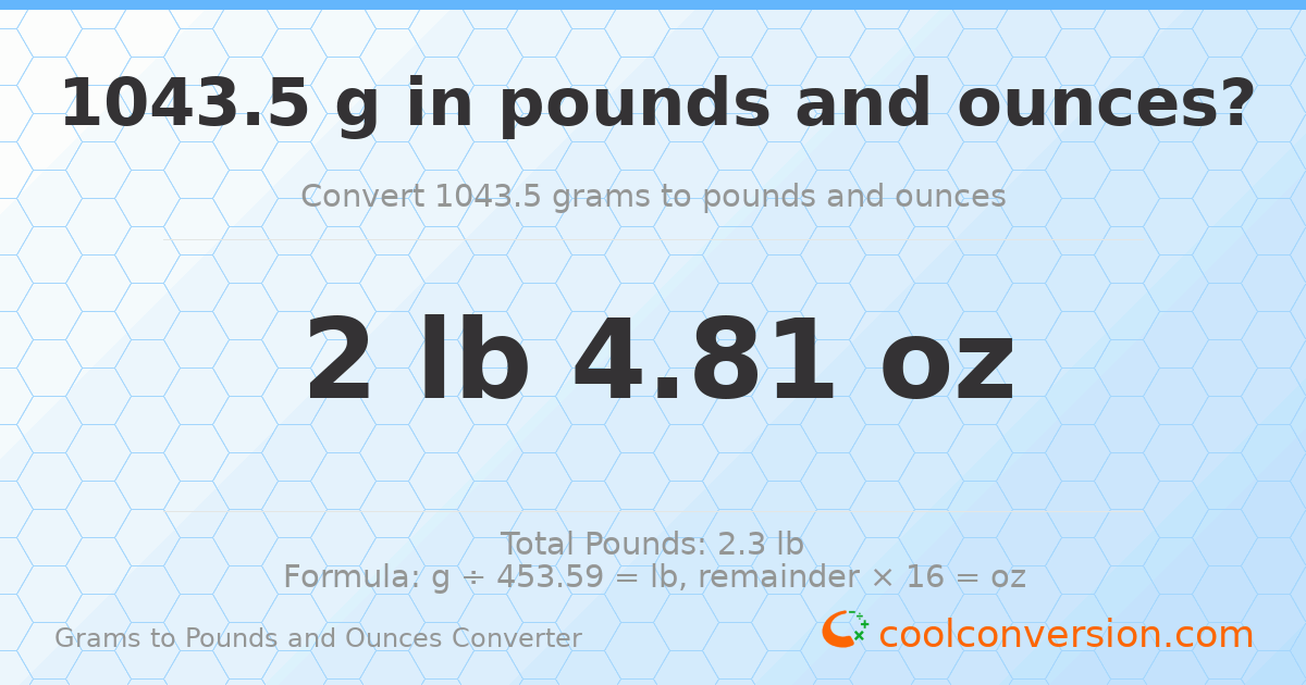 1043.5 g to lb and oz — 1043.5 g = 2 lb 4.81 oz