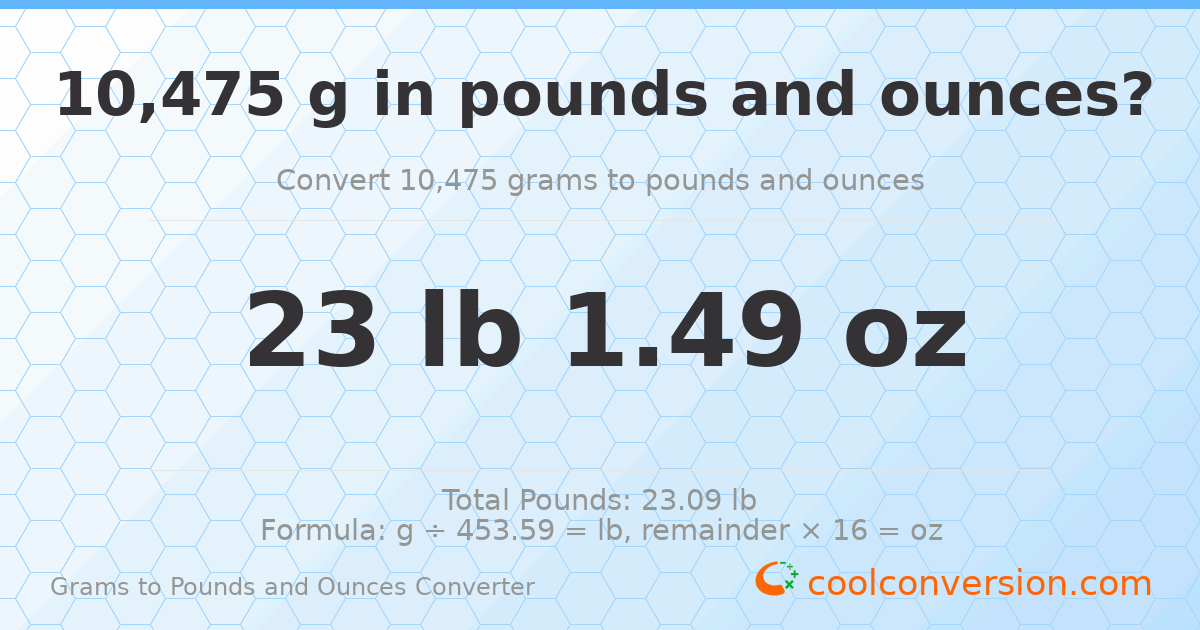 10475 g to lb and oz — 10475 g = 23 lb 1.49 oz