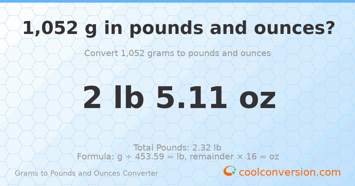 1052 g to lb and oz — 1052 g = 2 lb 5.11 oz