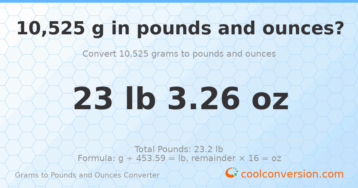 10525 g to lb and oz — 10525 g = 23 lb 3.26 oz