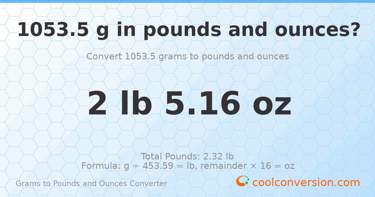 1053.5 g to lb and oz — 1053.5 g = 2 lb 5.16 oz