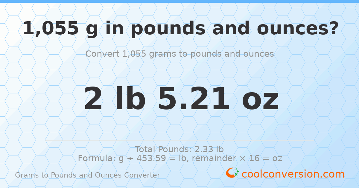 1055 g to lb and oz — 1055 g = 2 lb 5.21 oz