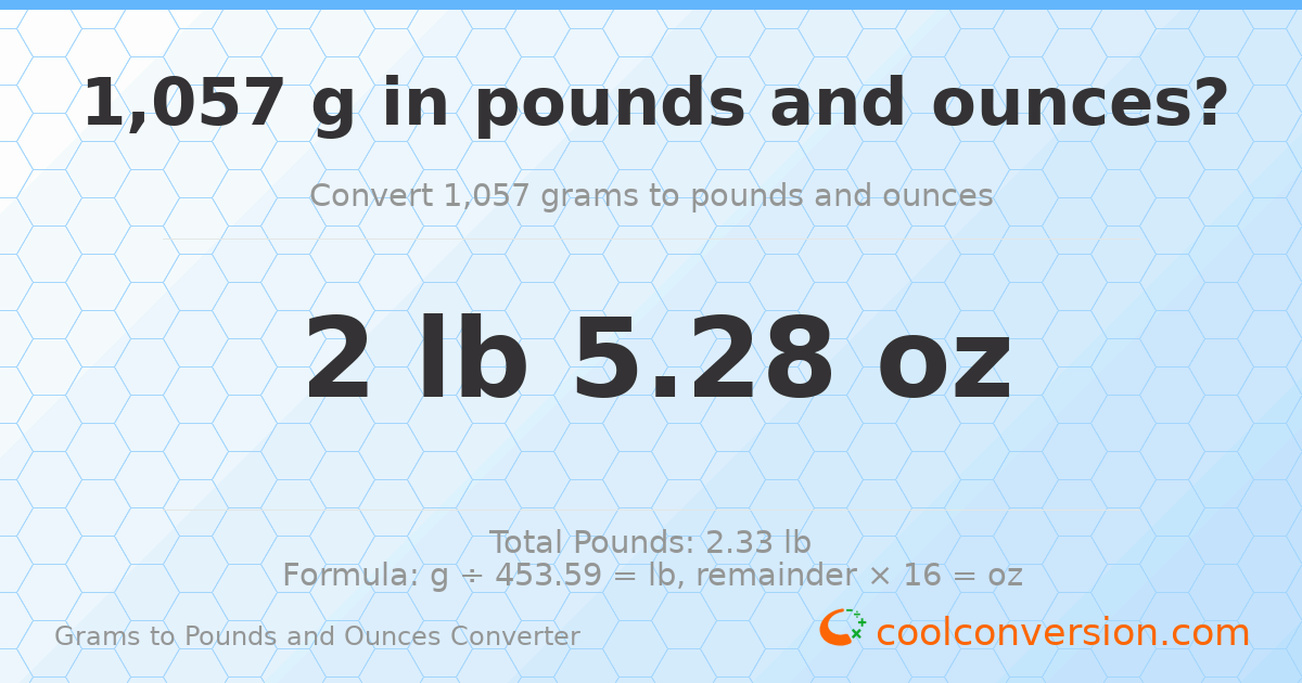 1057 g to lb and oz — 1057 g = 2 lb 5.28 oz