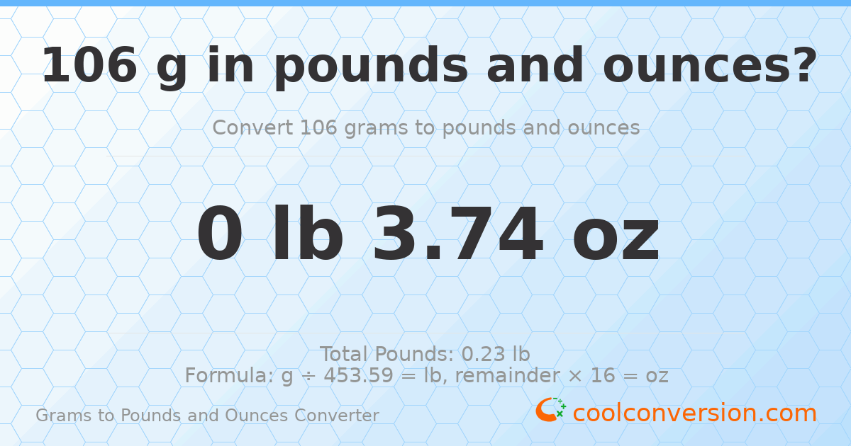 106 g to lb and oz — 106 g = 0 lb 3.74 oz