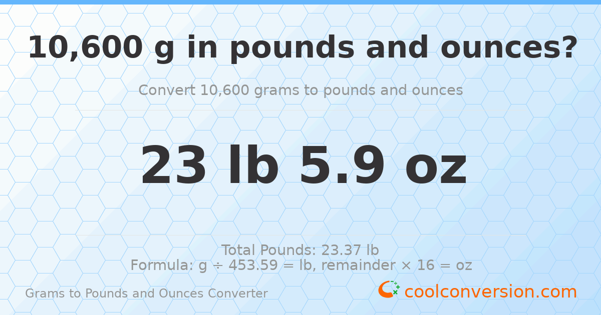 10600 g to lb and oz — 10600 g = 23 lb 5.9 oz