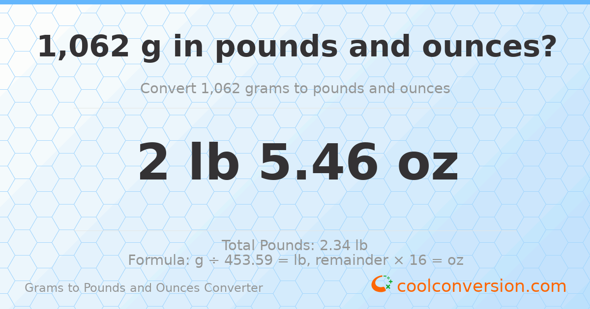1062 g to lb and oz — 1062 g = 2 lb 5.46 oz