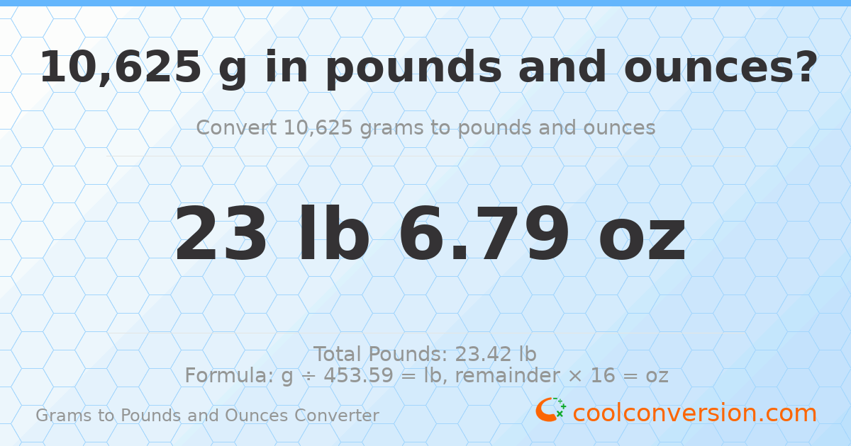 10625 g to lb and oz — 10625 g = 23 lb 6.79 oz