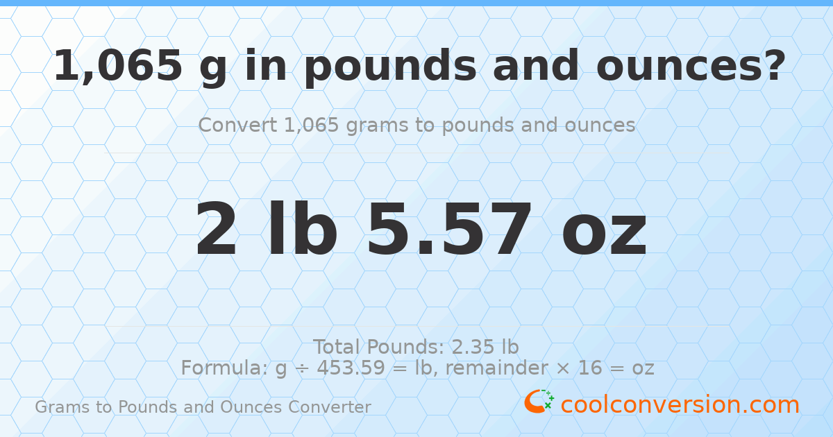 1065 g to lb and oz — 1065 g = 2 lb 5.57 oz