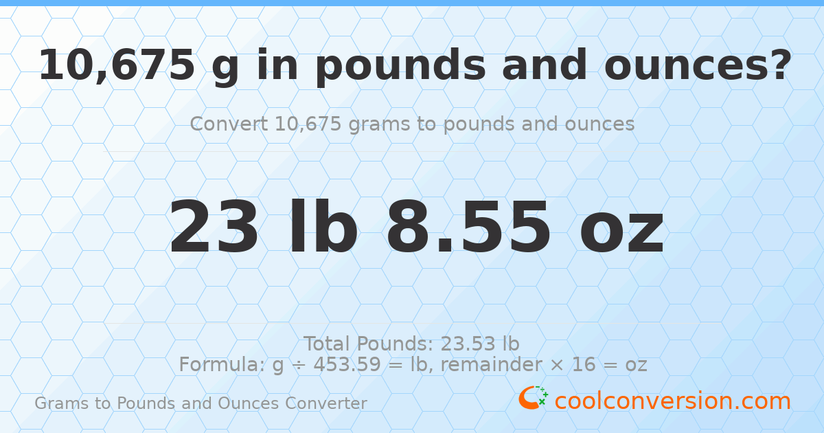 10675 g to lb and oz — 10675 g = 23 lb 8.55 oz