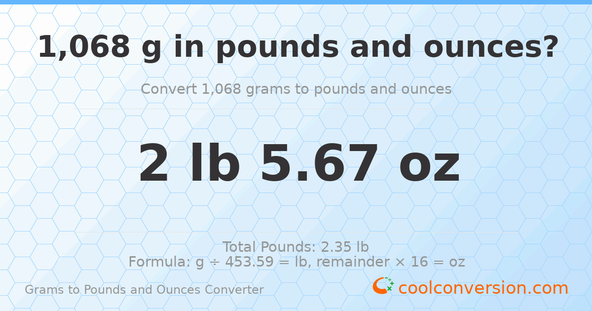 1068 g to lb and oz — 1068 g = 2 lb 5.67 oz