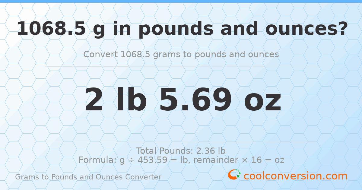 1068.5 g to lb and oz — 1068.5 g = 2 lb 5.69 oz