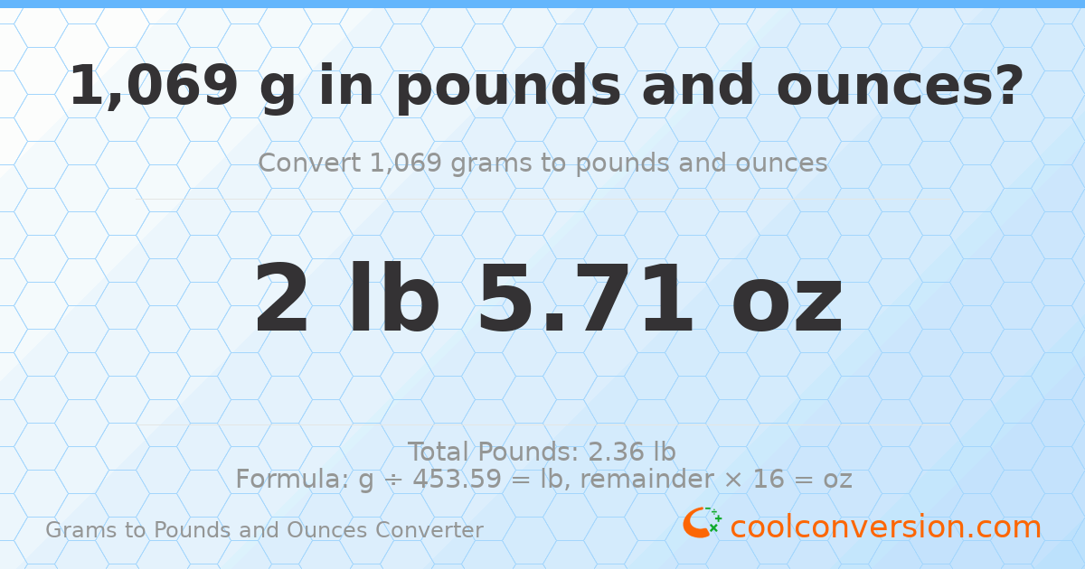 1069 g to lb and oz — 1069 g = 2 lb 5.71 oz