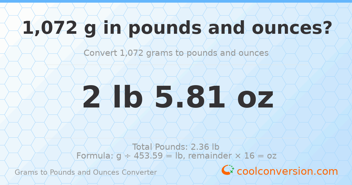 1072 g to lb and oz — 1072 g = 2 lb 5.81 oz