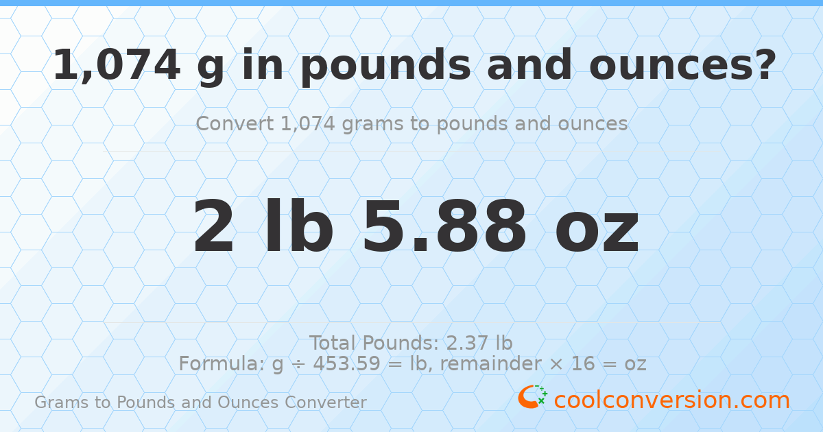 1074 g to lb and oz — 1074 g = 2 lb 5.88 oz