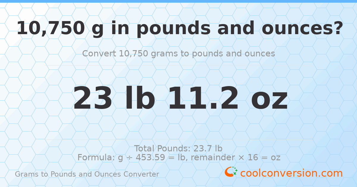 10750 g to lb and oz — 10750 g = 23 lb 11.2 oz