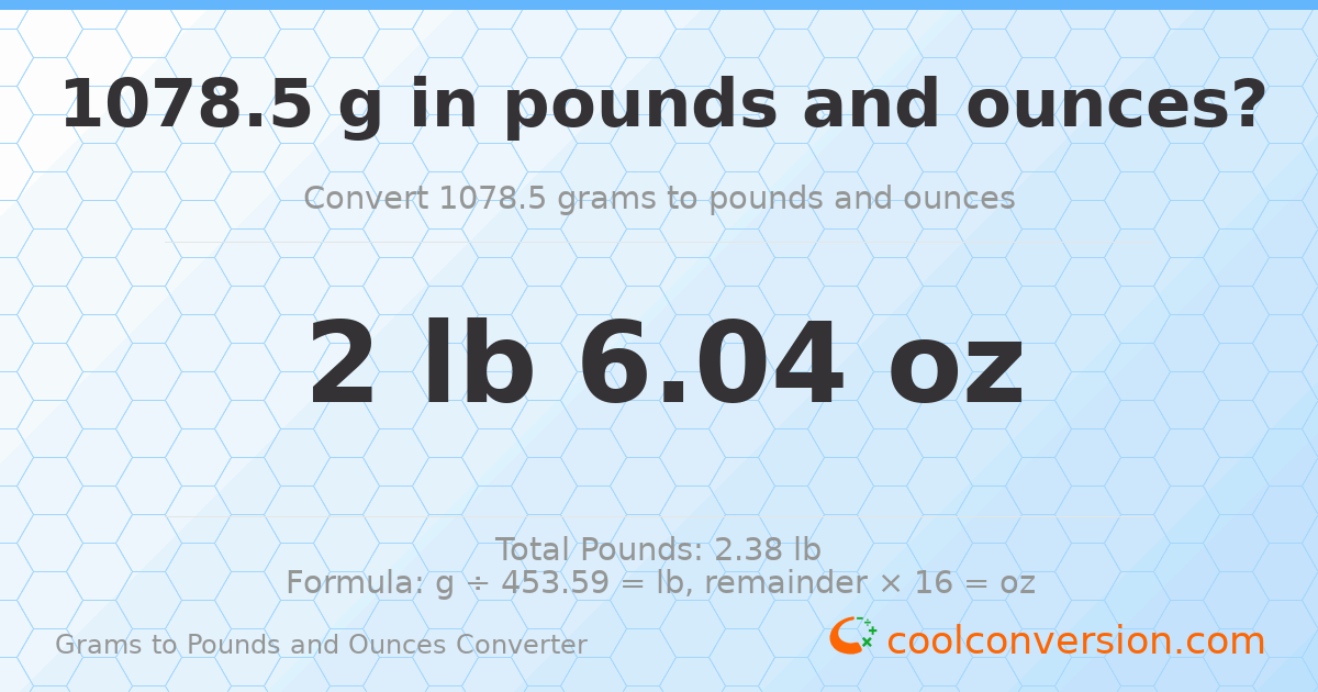 1078.5 g to lb and oz — 1078.5 g = 2 lb 6.04 oz