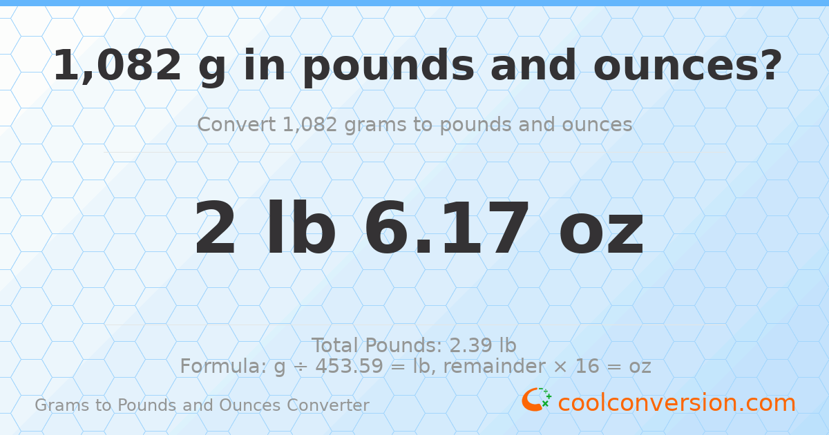 1082 g to lb and oz — 1082 g = 2 lb 6.17 oz