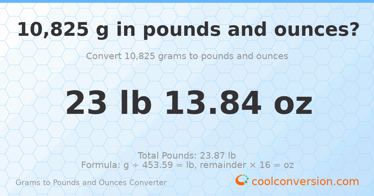 10825 g to lb and oz — 10825 g = 23 lb 13.84 oz
