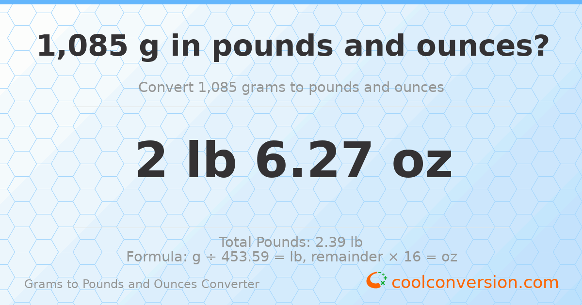 1085 g to lb and oz — 1085 g = 2 lb 6.27 oz