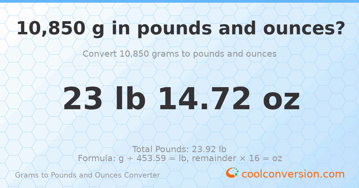 10850 g to lb and oz — 10850 g = 23 lb 14.72 oz