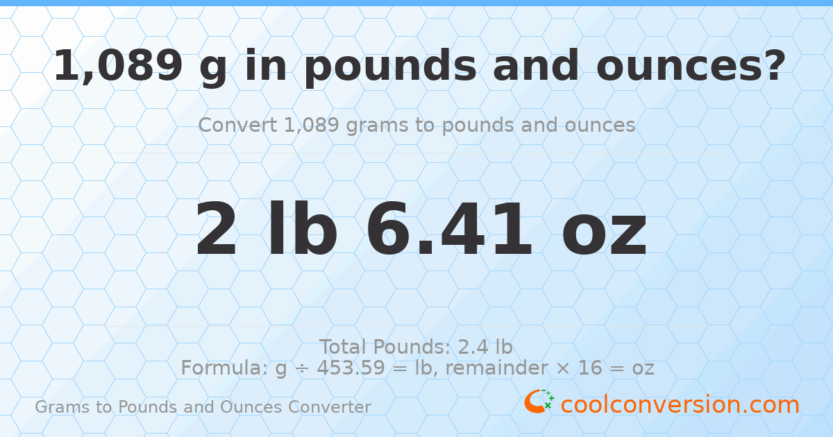 1089 g to lb and oz — 1089 g = 2 lb 6.41 oz