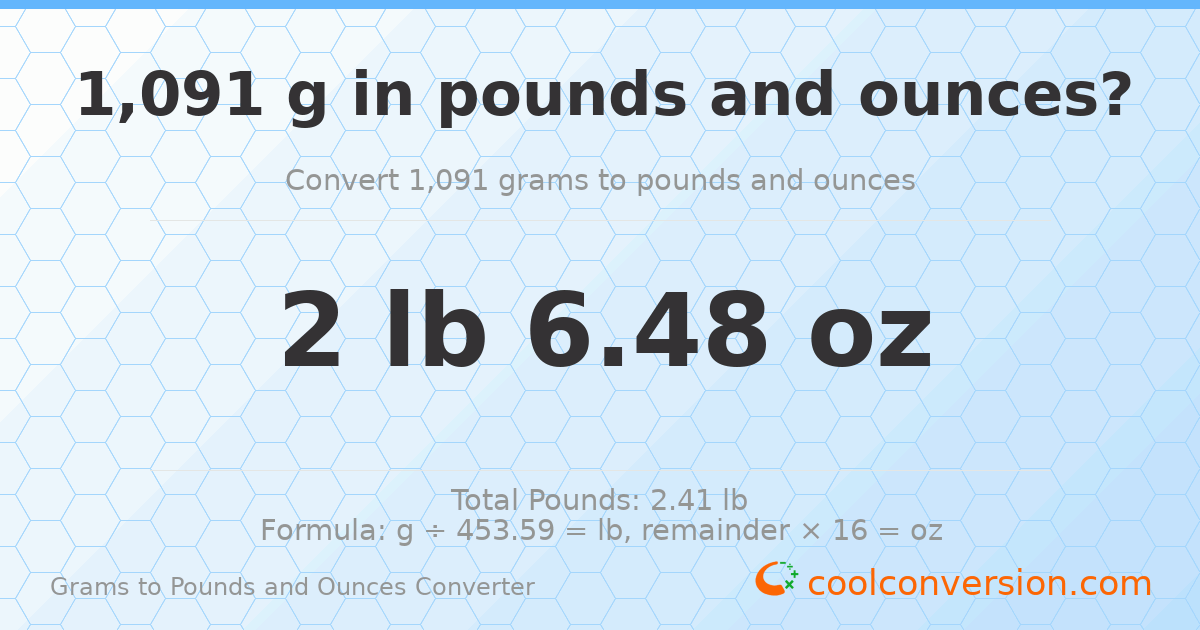 1091 g to lb and oz — 1091 g = 2 lb 6.48 oz