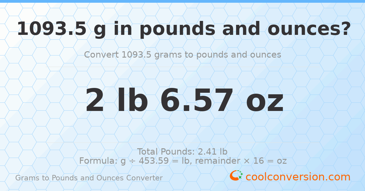1093.5 g to lb and oz — 1093.5 g = 2 lb 6.57 oz