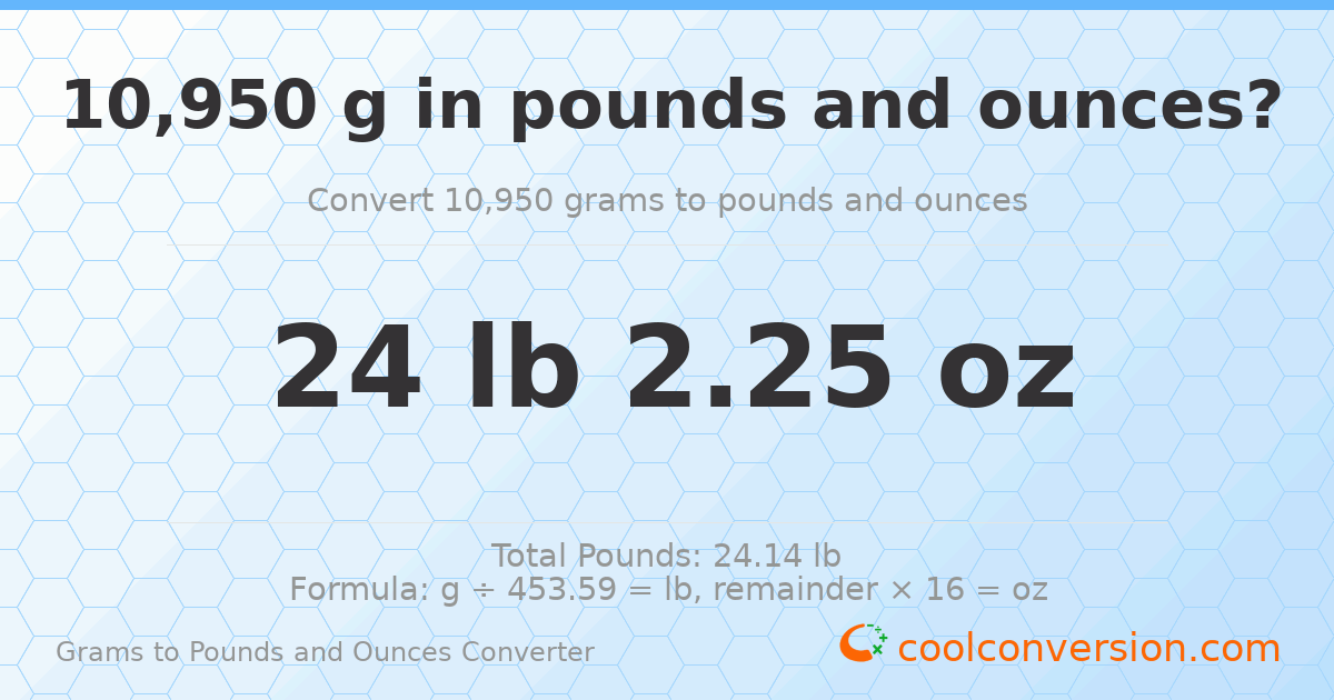 10950 g to lb and oz — 10950 g = 24 lb 2.25 oz