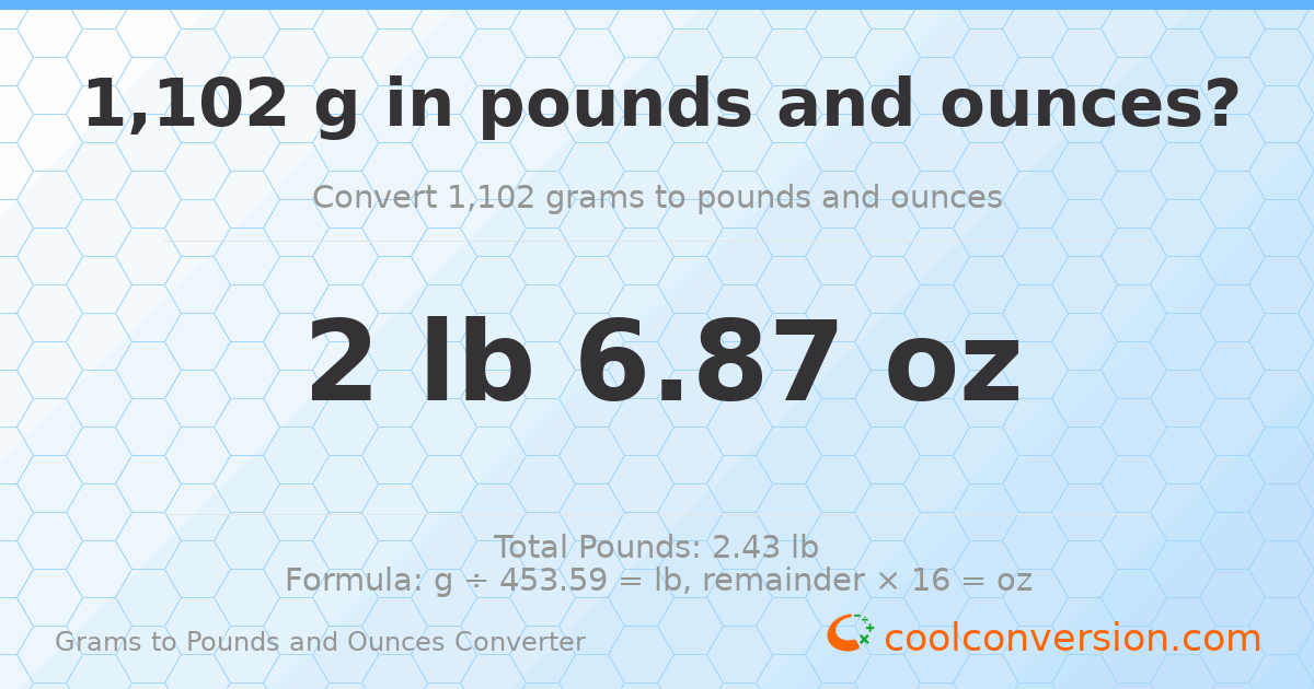 1102 g to lb and oz — 1102 g = 2 lb 6.87 oz