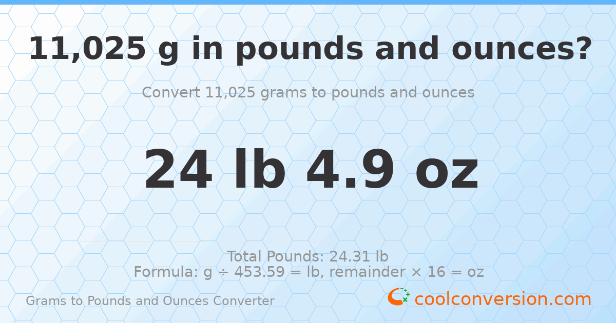 11025 g to lb and oz — 11025 g = 24 lb 4.9 oz
