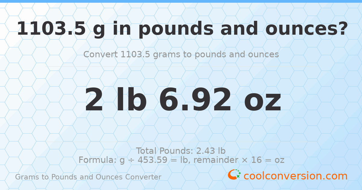 1103.5 g to lb and oz — 1103.5 g = 2 lb 6.92 oz