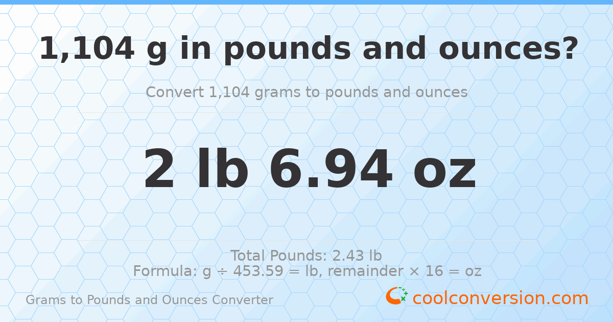 1104 g to lb and oz — 1104 g = 2 lb 6.94 oz
