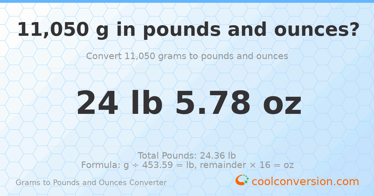 11050 g to lb and oz — 11050 g = 24 lb 5.78 oz