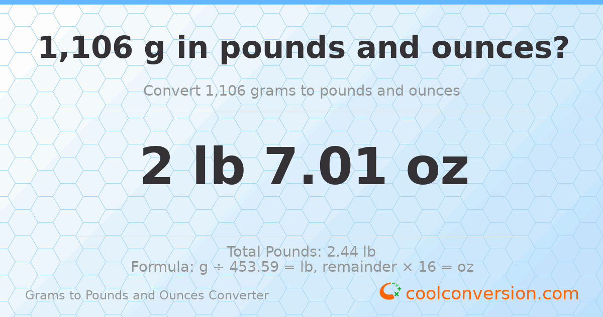 1106 g to lb and oz — 1106 g = 2 lb 7.01 oz