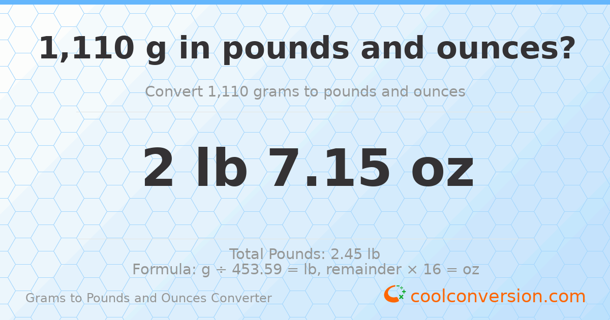 1110 g to lb and oz — 1110 g = 2 lb 7.15 oz