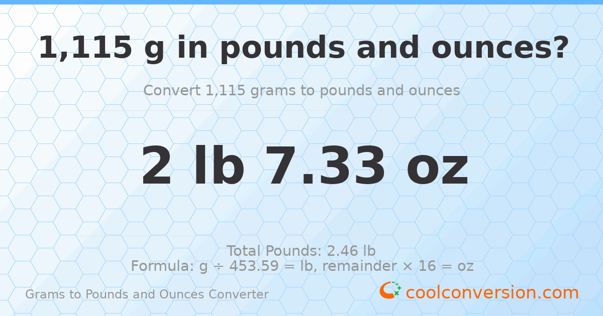 1115 g to lb and oz — 1115 g = 2 lb 7.33 oz