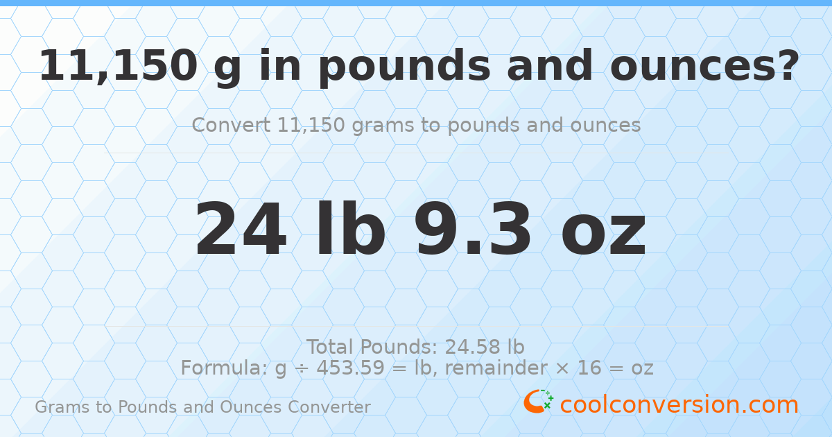 11150 g to lb and oz — 11150 g = 24 lb 9.3 oz