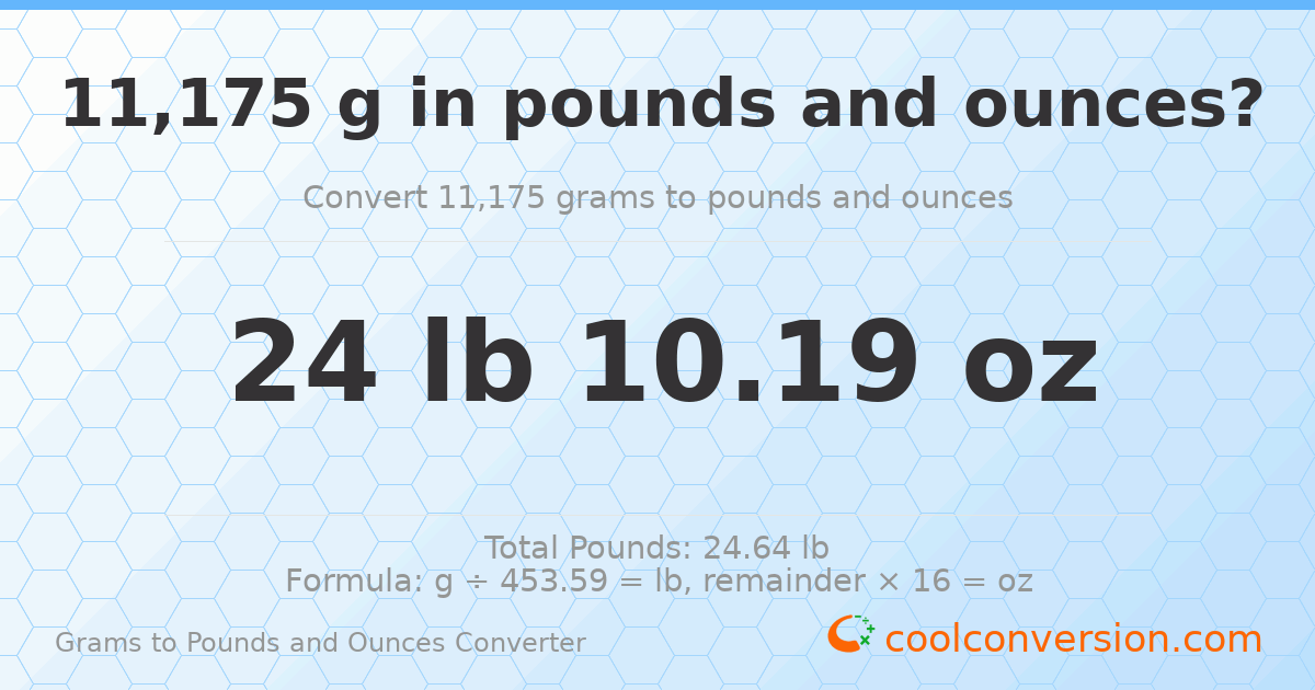 11175 g to lb and oz — 11175 g = 24 lb 10.19 oz