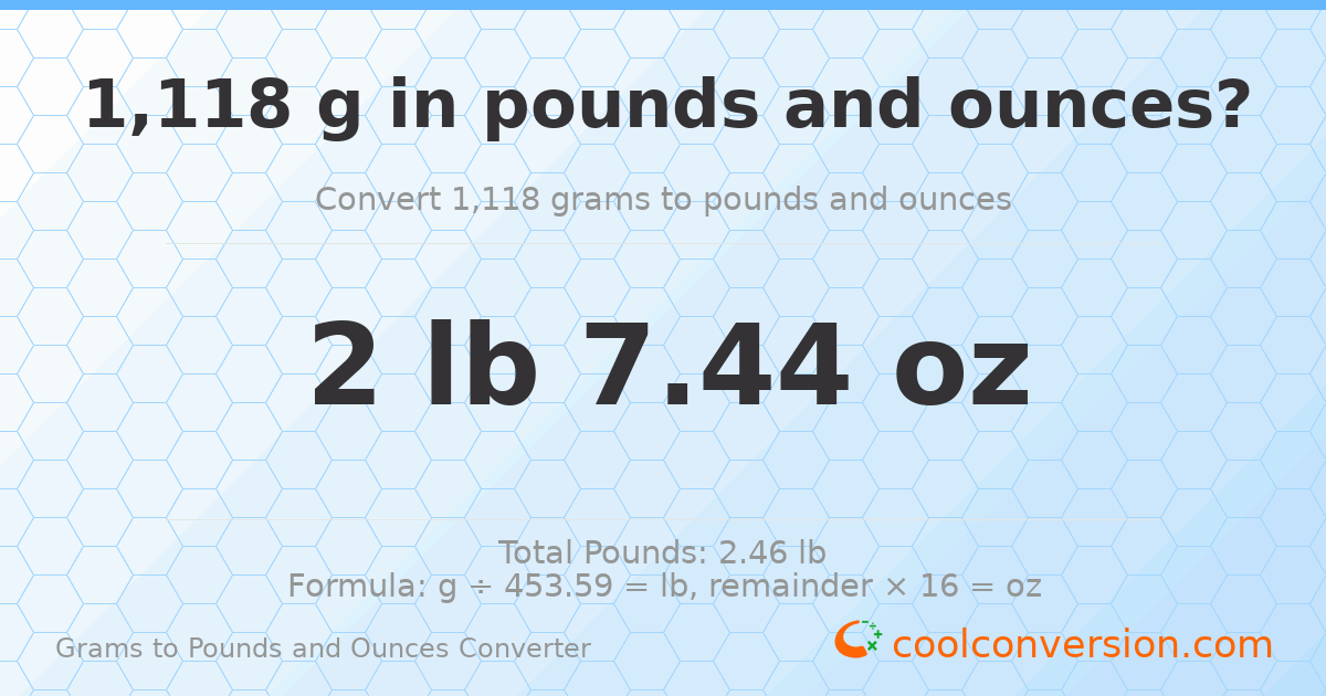 1118 g to lb and oz — 1118 g = 2 lb 7.44 oz