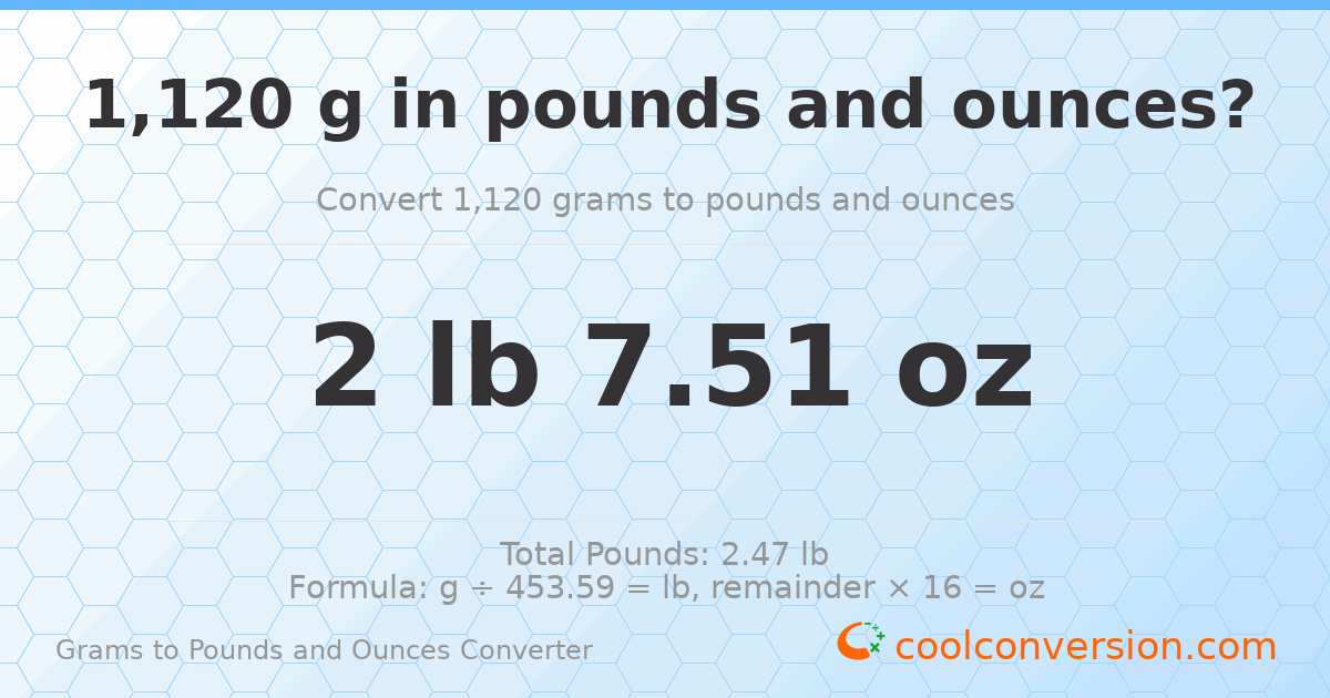 1120 g to lb and oz — 1120 g = 2 lb 7.51 oz