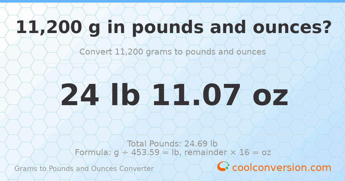 11200 g to lb and oz — 11200 g = 24 lb 11.07 oz